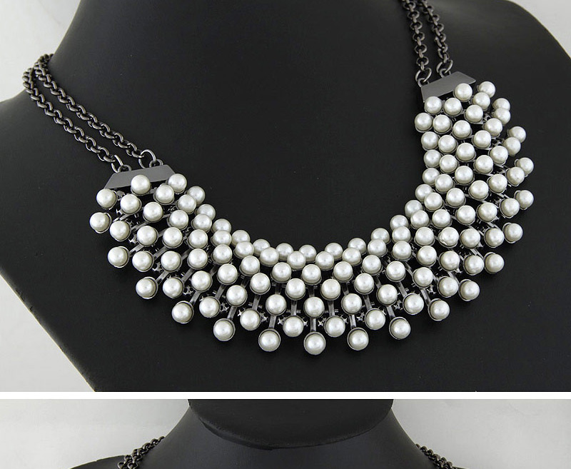 Vintage White Pearl Weaving Decorated Double Layer Chains Necklace,Bib Necklaces