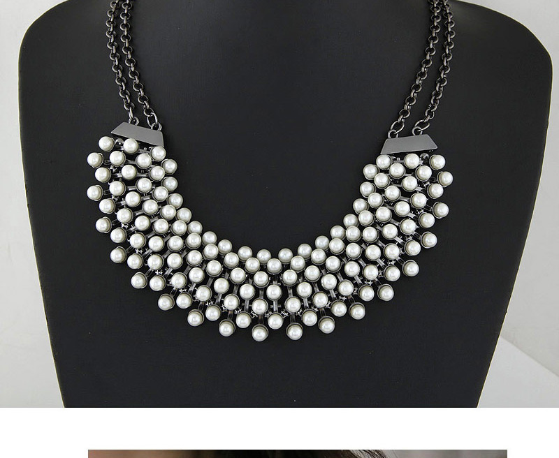 Vintage White Pearl Weaving Decorated Double Layer Chains Necklace,Bib Necklaces