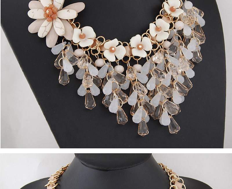 Trendy Multi-color Water Drop Shape Diamond&flower Decorated Short Chain Necklace,Bib Necklaces