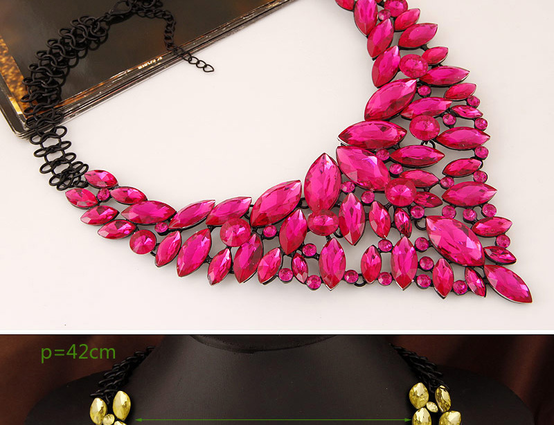 Luxury Plum Red Geometric Gemstone Decorated Hollow Out Collar Necklace,Pendants