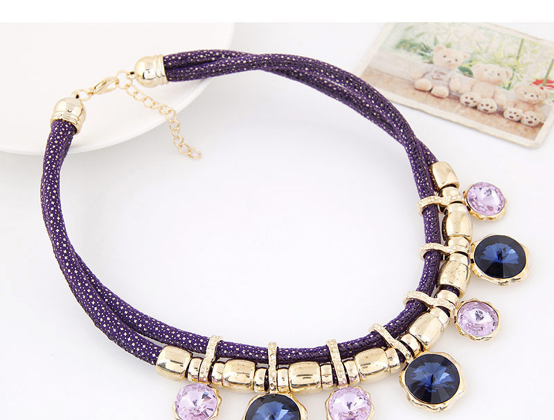 Temperament Purple Round Diamond Decorated Double Layer Necklace,Multi Strand Necklaces