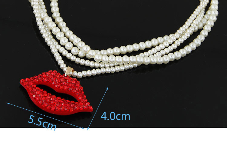 Fashion White+red Lip Shape Pendant Decorated Multilayer Design Short Chain Necklace,Beaded Necklaces