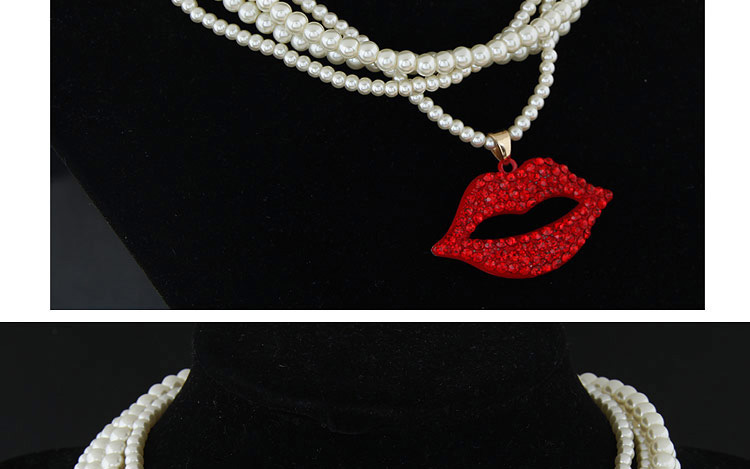 Fashion White+red Lip Shape Pendant Decorated Multilayer Design Short Chain Necklace,Beaded Necklaces