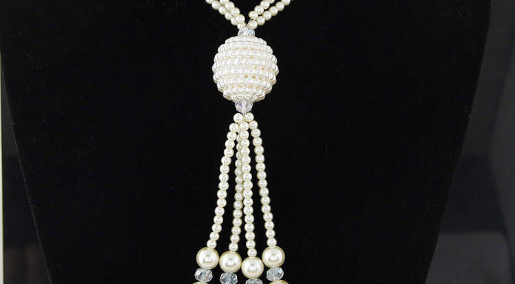 Trendy White Tassel& Round Shape Pendant Decorated Long Chain Simple Necklace,Beaded Necklaces
