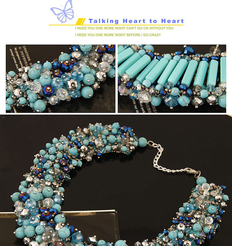 Elegant Sapphire Blue+tranparent Color Bead Decorated Hand-woven Short Chain Necklace,Beaded Necklaces