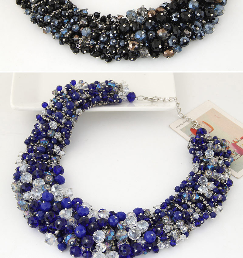 Elegant Sapphire Blue+tranparent Color Bead Decorated Hand-woven Short Chain Necklace,Beaded Necklaces
