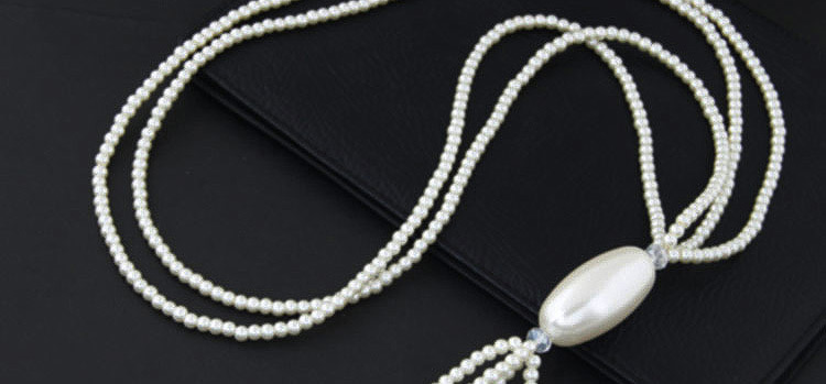 Fashion White Pearls Deocrated Tassel Design Double Layer Long Necklace,Beaded Necklaces