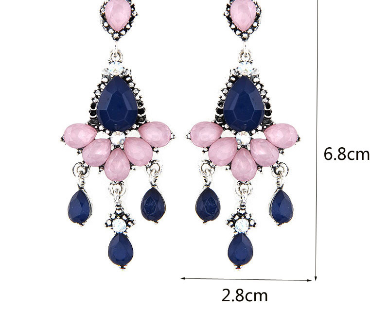 Sweet Dark Blue+pink Gemstone Tassel Pendant Decorated Waterdrop Earring,Drop Earrings