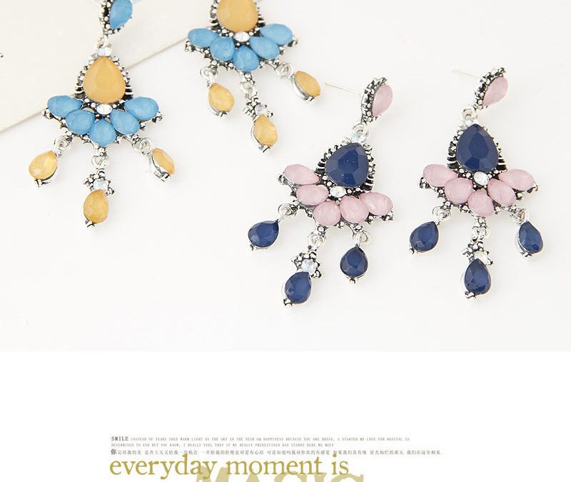 Sweet Dark Blue+pink Gemstone Tassel Pendant Decorated Waterdrop Earring,Drop Earrings