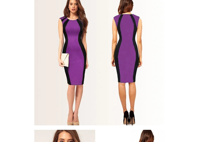 Sexy Purple Color Matching Decorated Stripe Sleeveless Tight Dress,Long Dress