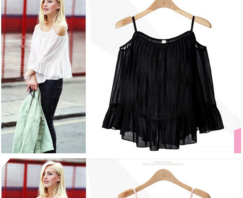 Sweet Black Pure Color Decorated Off-the-shoulder Strap Falbala Skirt,Tank Tops & Camis