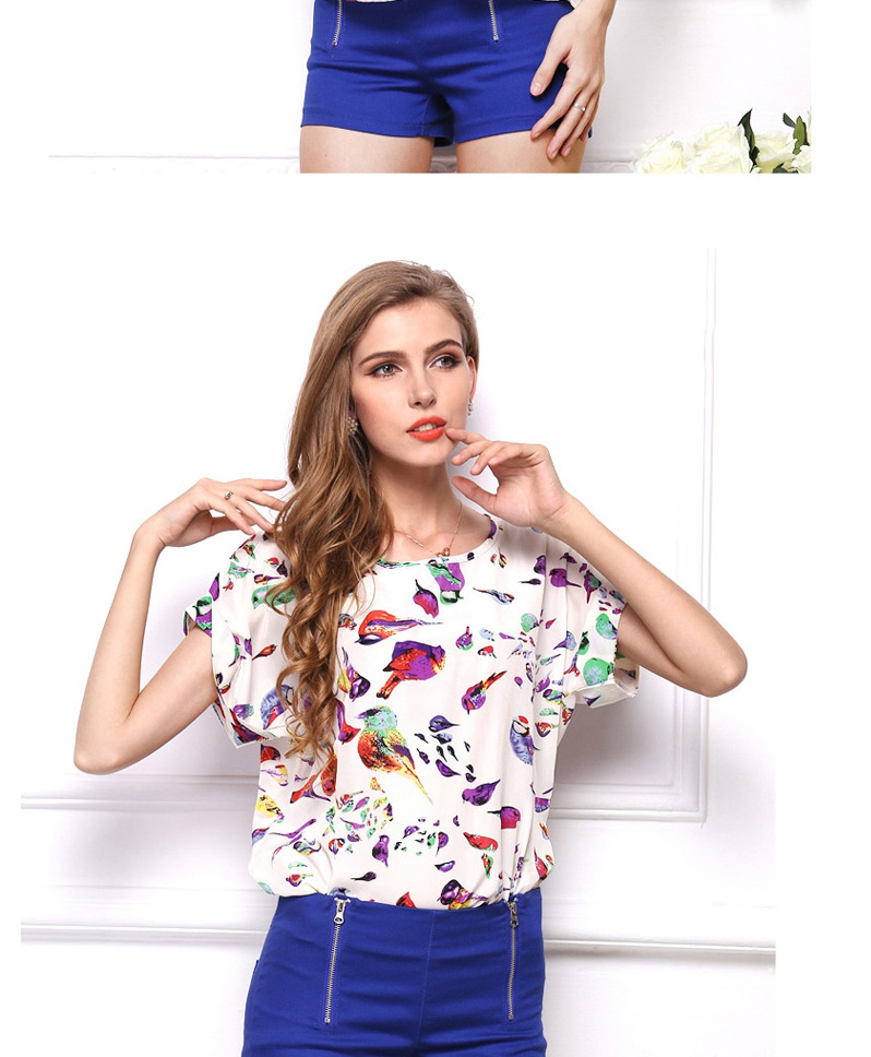 Trendy Multi-color Brid Pattern Decorated Short Sleeve Simple T-shirt,Tank Tops & Camis