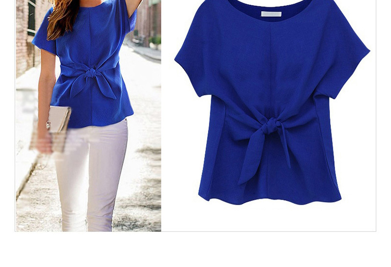 Sweet Blue Pure Color Bowknot Shape Decorated Short Sleeve T-shirt,Tank Tops & Camis