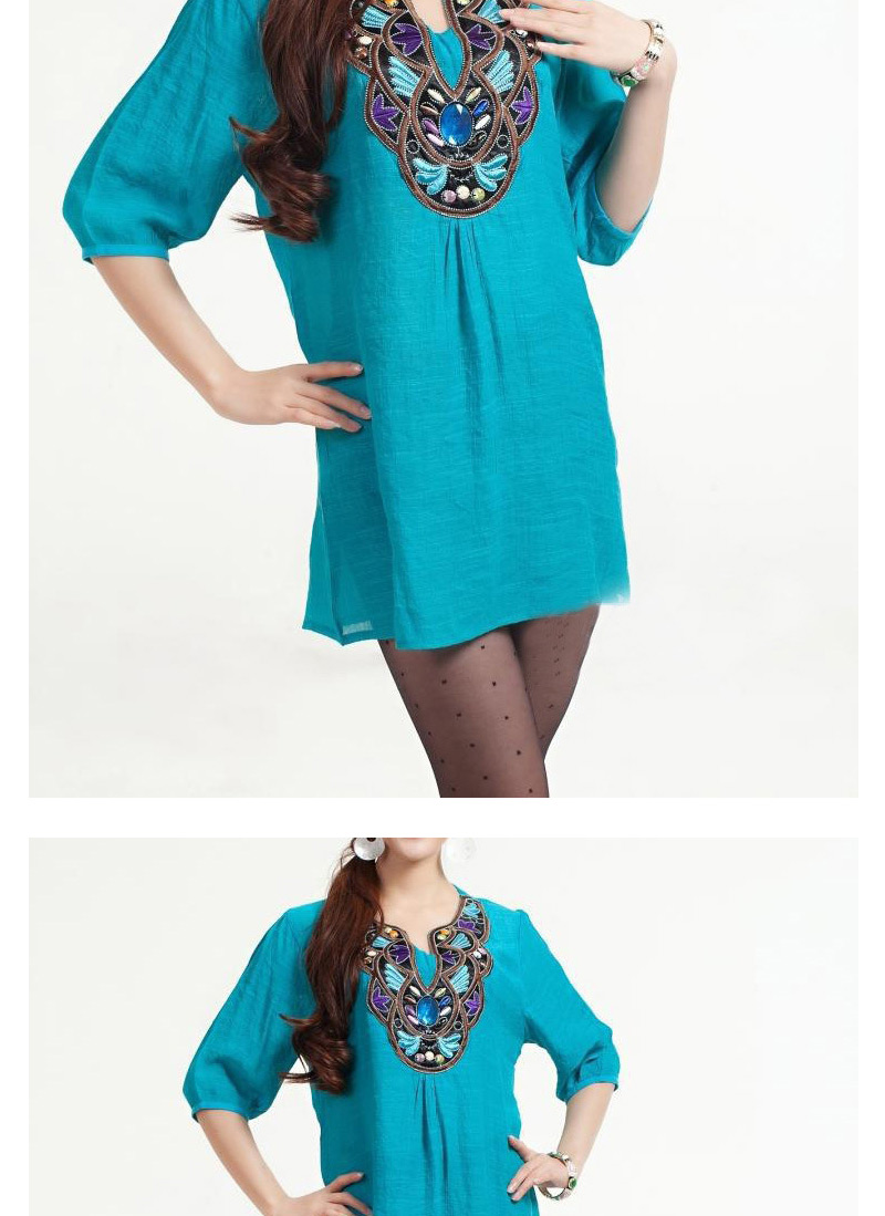 Trendy Green Embroiedry Pattern Decorated Three Quarter Sleeve Loose Blouses,Tank Tops & Camis