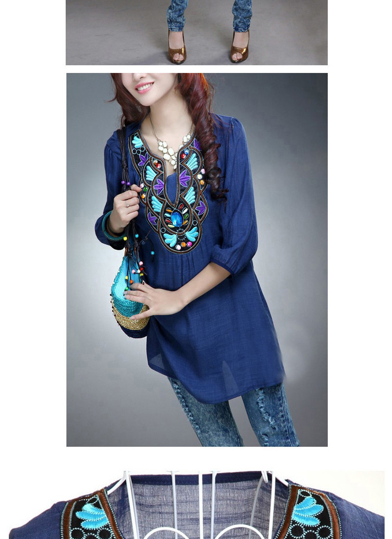 Trendy Green Embroiedry Pattern Decorated Three Quarter Sleeve Loose Blouses,Tank Tops & Camis