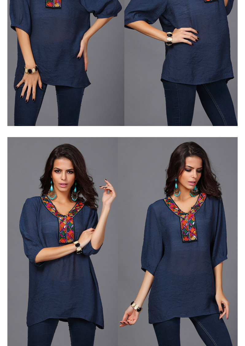 Fashion Nvay Blue Embroiedry Pattern Y Shape Collar Decorated Loose Half Sleeve Blouses,Tank Tops & Camis