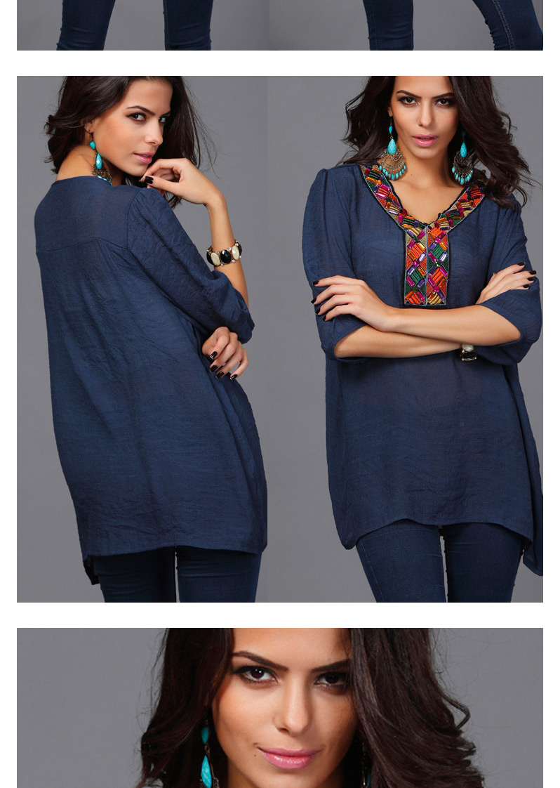 Fashion Nvay Blue Embroiedry Pattern Y Shape Collar Decorated Loose Half Sleeve Blouses,Tank Tops & Camis