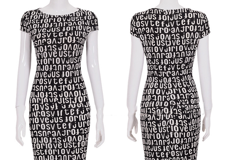 Fashion Black Letter Pattern Decorated Short Sleeve O Shape Neckline Tight Dress,Knee Length