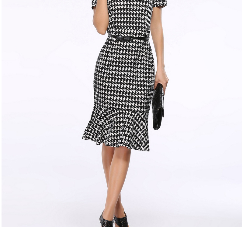 Fashion Black Plover Pattern Decorated Short Sleeve Tight Falbala Fishtail Dress,Knee Length