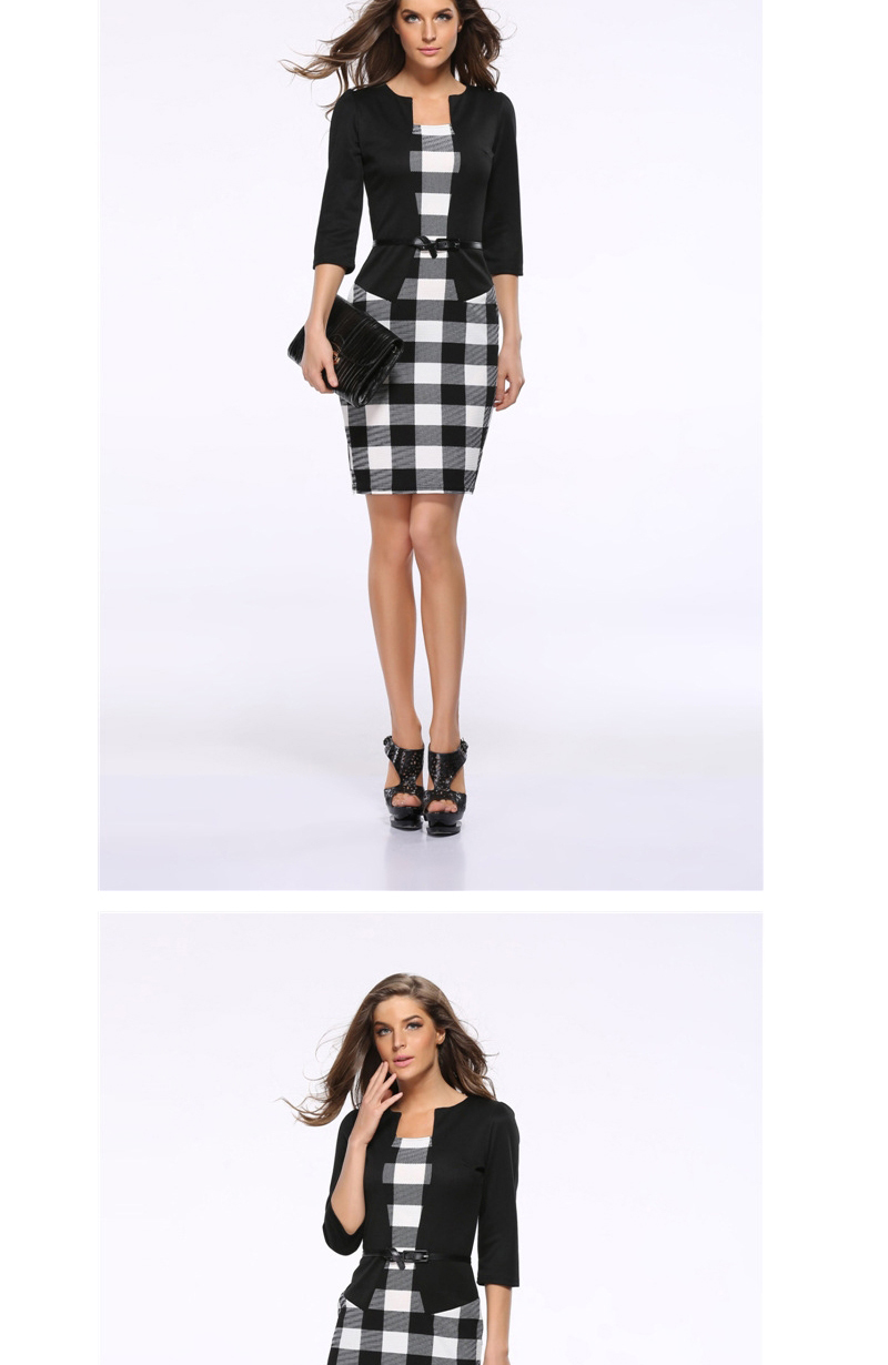 Fashion Black Grid Decorated Three Quarter Sleeve False Two-piece Dress(with girdle),Knee Length