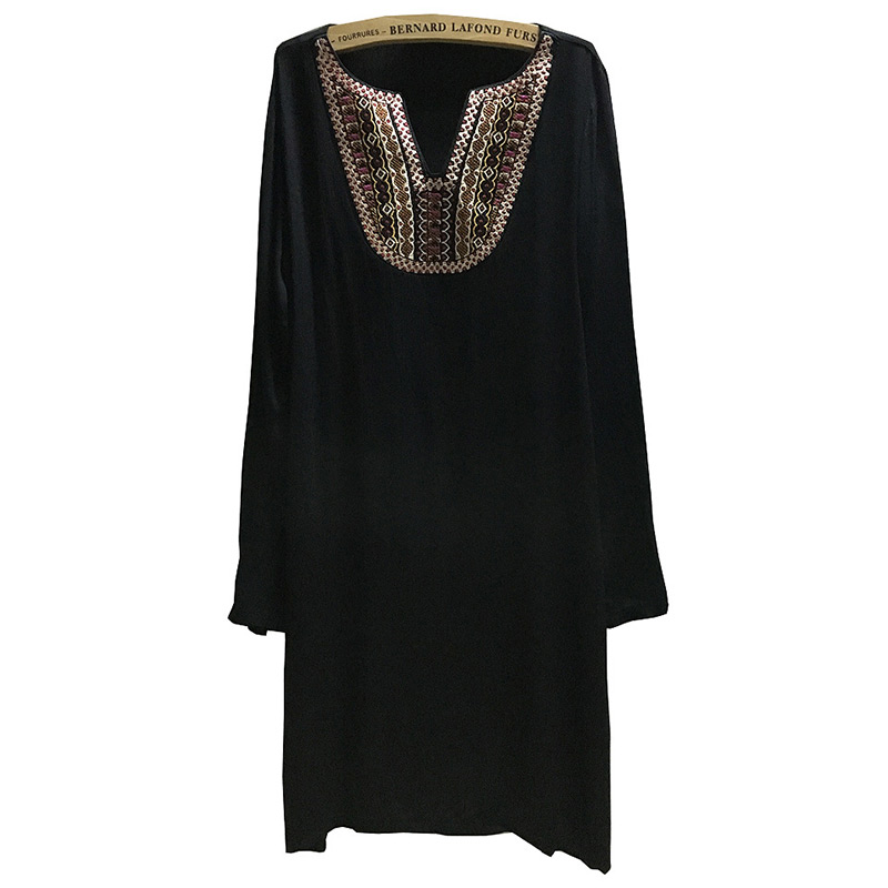 Fashion Black Embroidery Pattern Decorated Long Sleeve Loose Dress,Long Dress