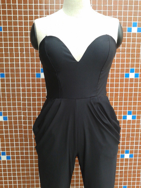 Sexy Black Pure Color Decorated Strapless Simple Jumpsuits,Pants