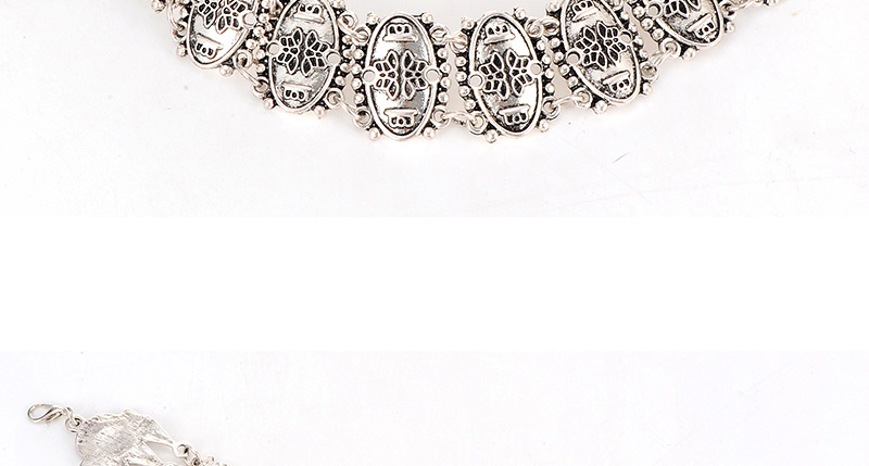 Vintage Silver Color Flower Pattern Decorated Oval Shape Matching Collar Necklace,Chokers
