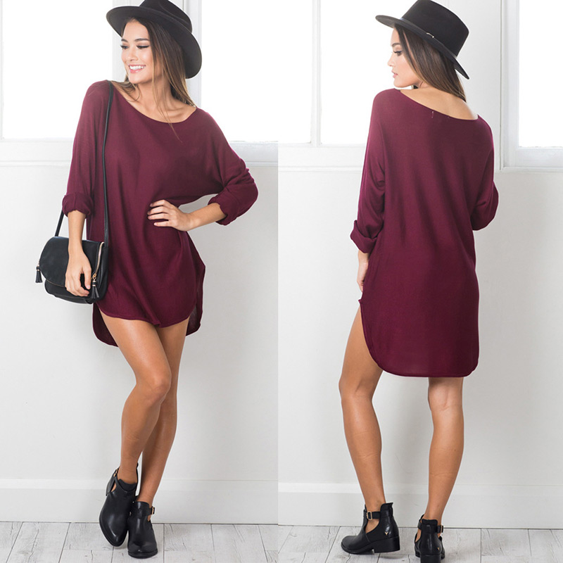 Casual Claret-red Pure Color Decorated Long Sleeve Loose Irregular Skirt,Mini & Short Dresses