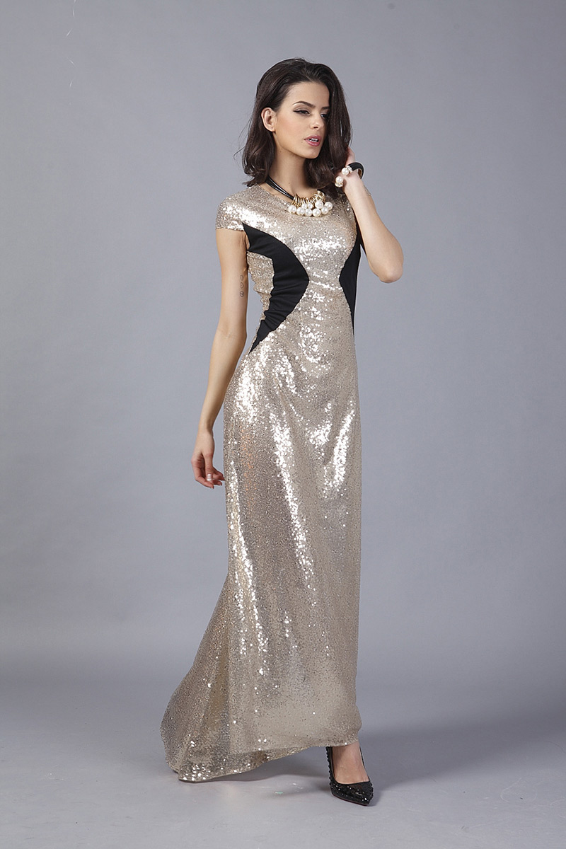 Elegant Champagne Color Matching Design Short Sleeve Long Dress,Long Dress