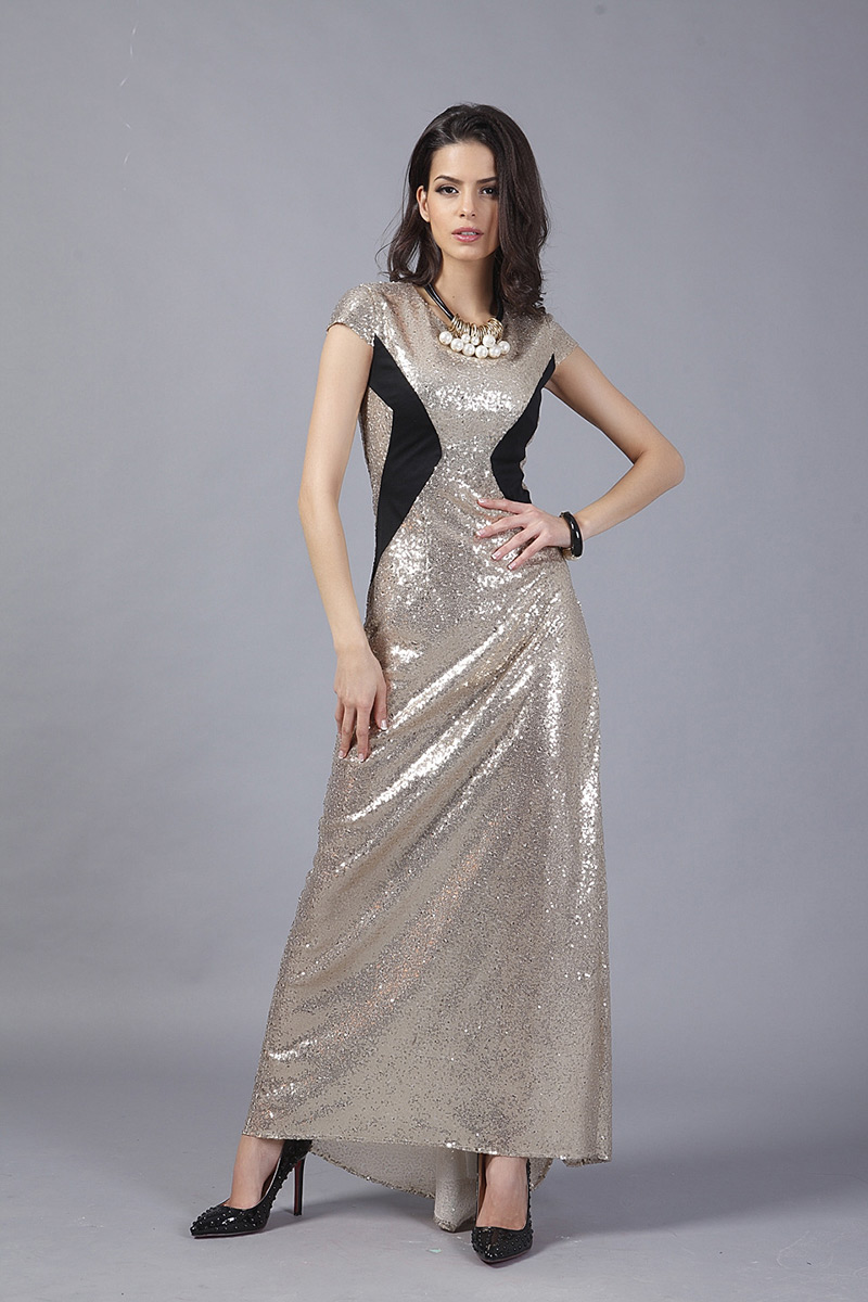 Elegant Champagne Color Matching Design Short Sleeve Long Dress,Long Dress