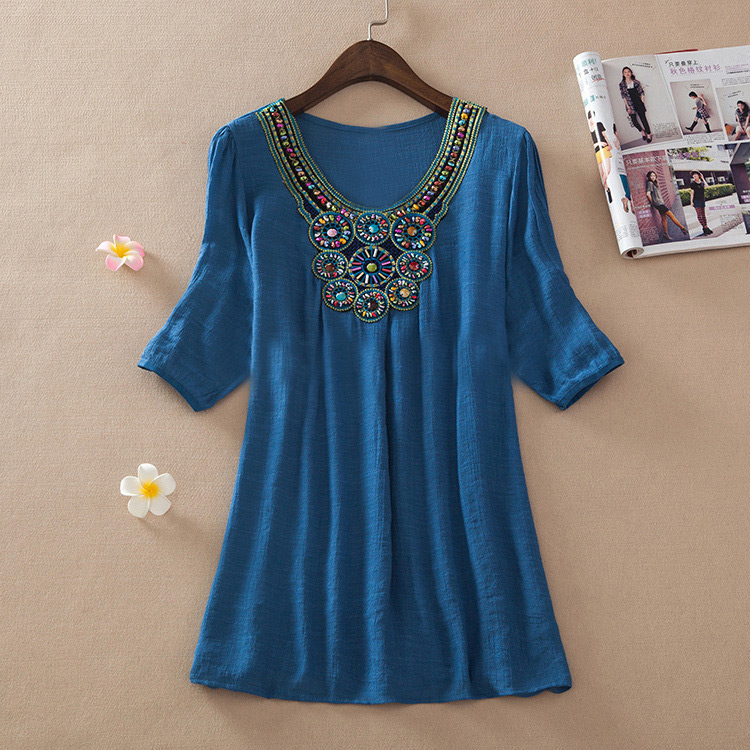 Casual Green Embroidery Pattern Decorated Short Sleeve Long Blouse,Hair Crown
