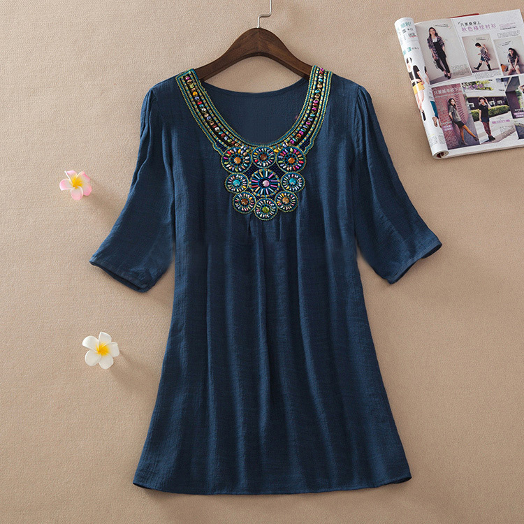 Casual Sapphire Blue Embroidery Pattern Decorated Short Sleeve Long Blouse,Hair Crown