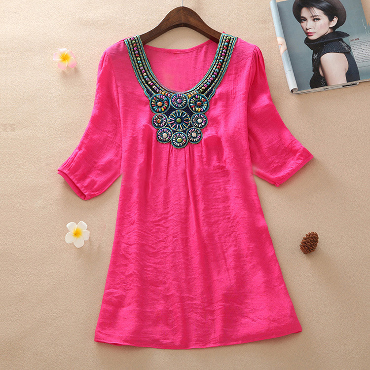 Casual Watermelon Red Embroidery Pattern Decorated Short Sleeve Long Blouse,Hair Crown