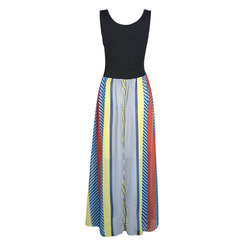 Casual Multi-color Color Matching Decorated Sleeveless Full-skirted Long Dress,Long Dress