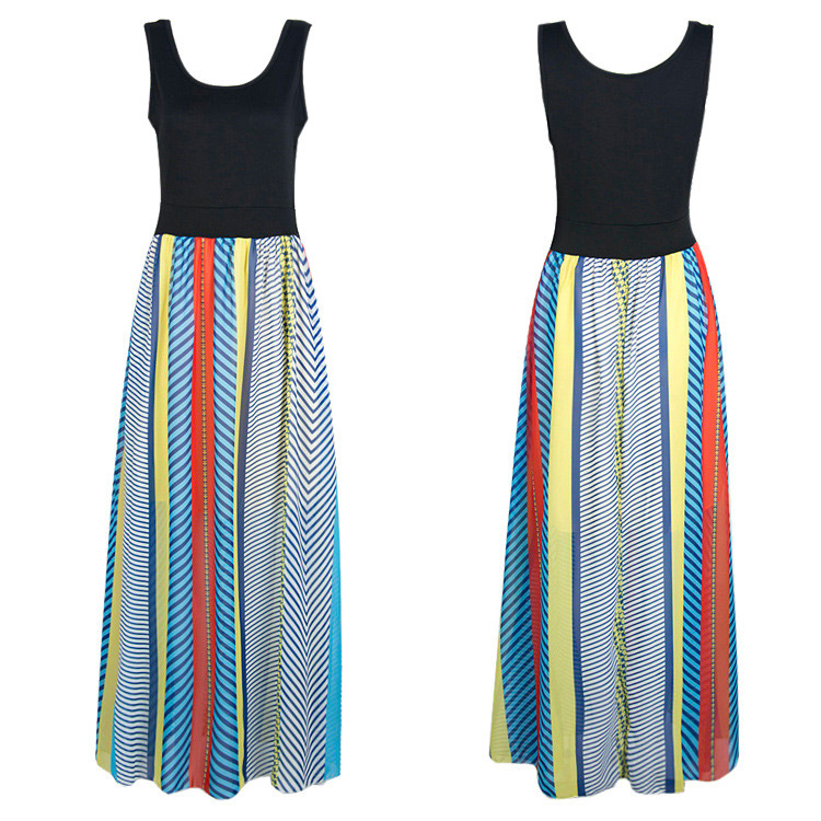 Casual Multi-color Color Matching Decorated Sleeveless Full-skirted Long Dress,Long Dress