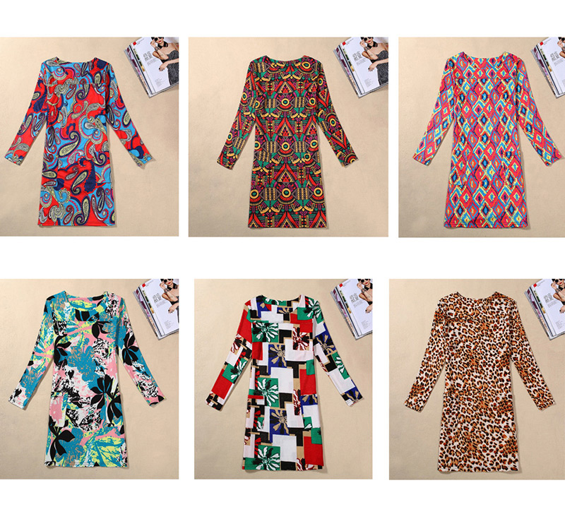 Trendy Multi-color Painting Flower Pattern Decorated Long Sleeve Large Size Slim Dress,Long Dress