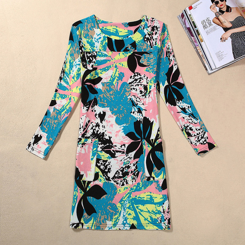 Trendy Multi-color Painting Flower Pattern Decorated Long Sleeve Large Size Slim Dress,Long Dress