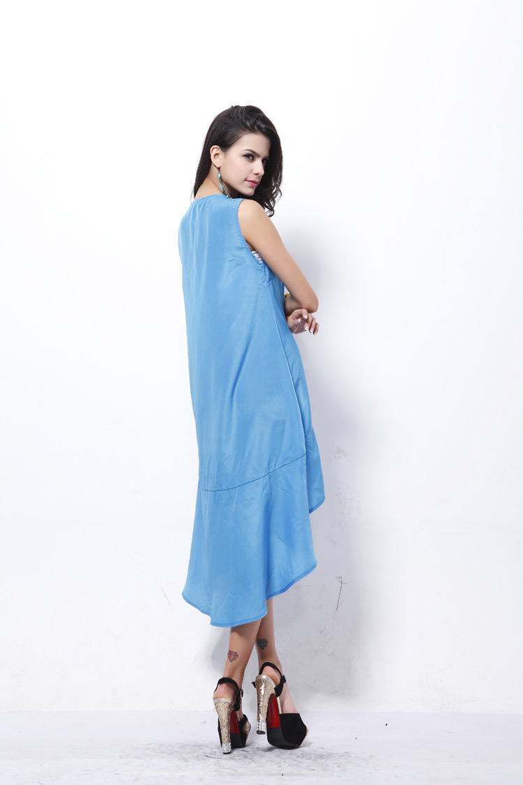 Fashion Blue Pure Color Decorated Sleeveless Irregular Dovetail Dress,Sunscreen Shirts