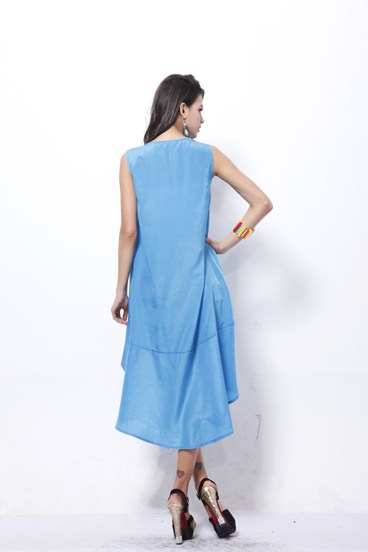 Fashion Blue Pure Color Decorated Sleeveless Irregular Dovetail Dress,Sunscreen Shirts