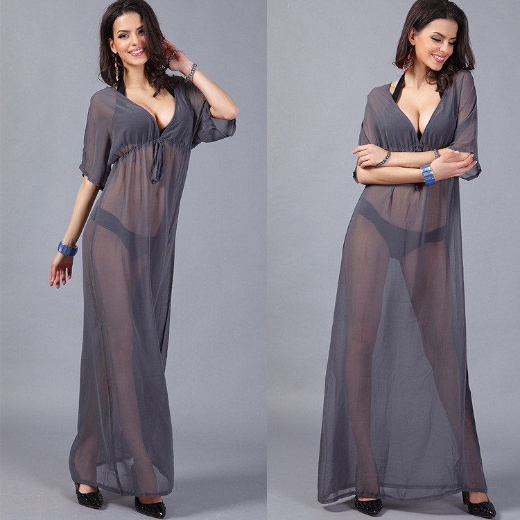 Sexy Dark Gray Pure Color Decorated Half Sleeve Perspective Bikini Cover Up Smock,Long Dress