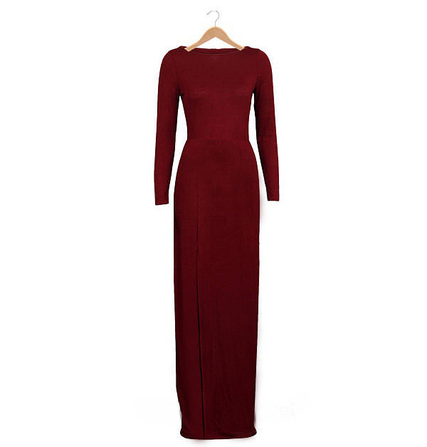 Sexy Claret-red Pure Color Decorated Long Sleeve Split Long Dress,Long Dress