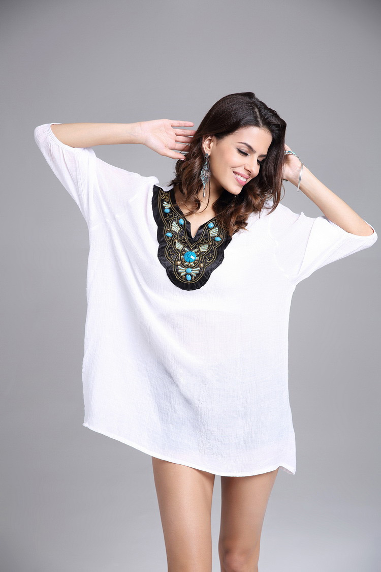Casual White Embroidery Flower Decorated Three Quarter Sleeve V Neckline Dress,Tank Tops & Camis