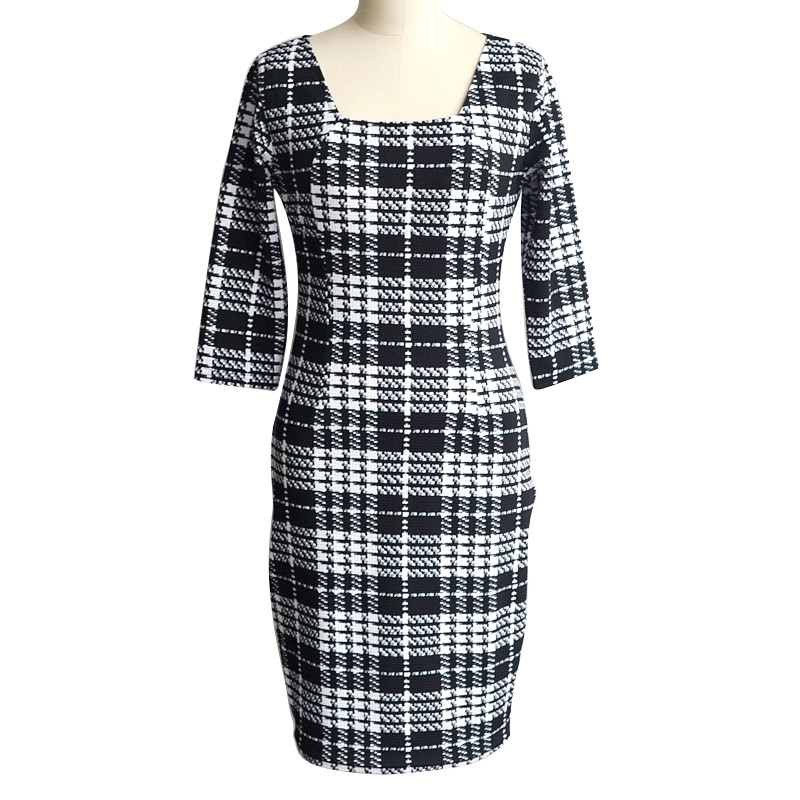 Fashion Black+white Grid Pattern Decorated Off Neckline Three Quarters Sleeve Slim Pencil Dress,Knee Length
