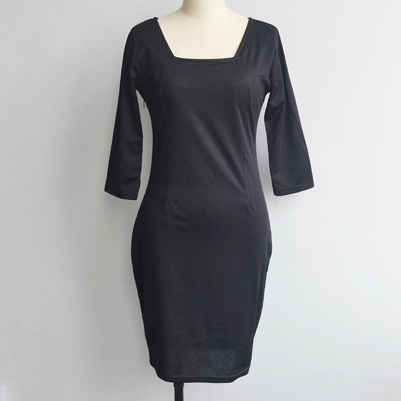 Fashion Black+white Grid Pattern Decorated Off Neckline Three Quarters Sleeve Slim Pencil Dress,Knee Length