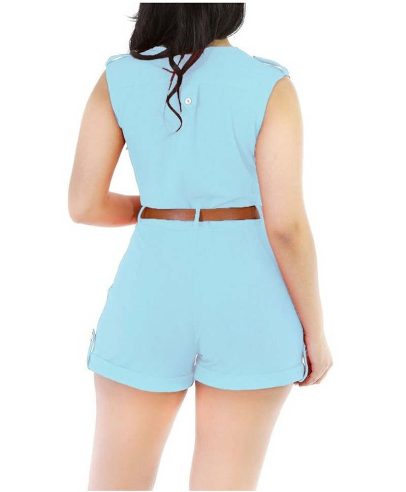 Fashion blue Pure Color Decorated V Neckline Sleeveless Simple Jumpsuit (with Waistbelt),SLEEPWEAR & UNDERWEAR