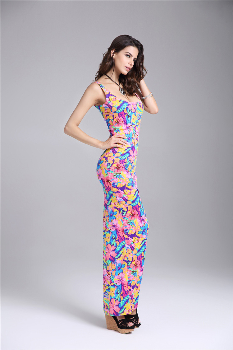 Sexy Multicolor Flower Pattern Decorated Strapless Sleeveless Long Strap Dress,Long Dress