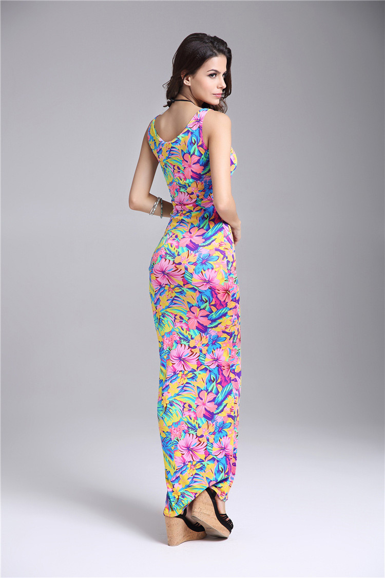 Sexy Multicolor Flower Pattern Decorated Strapless Sleeveless Long Strap Dress,Long Dress