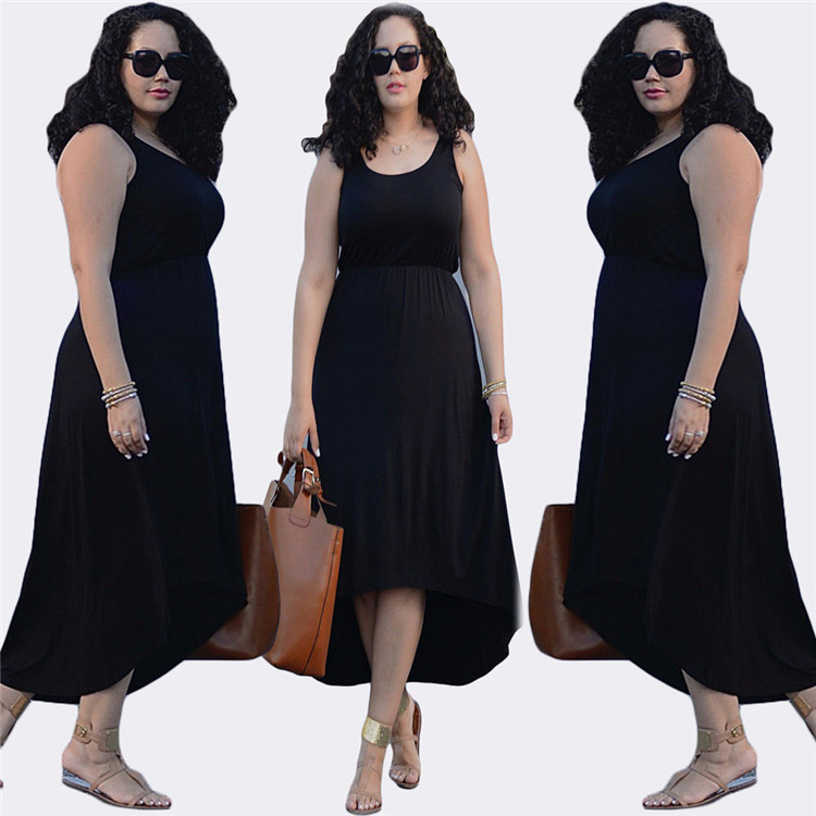 Fashion black Pure Color Design Round Neckline Sleeveless Irregular Shape Dress,Long Dress