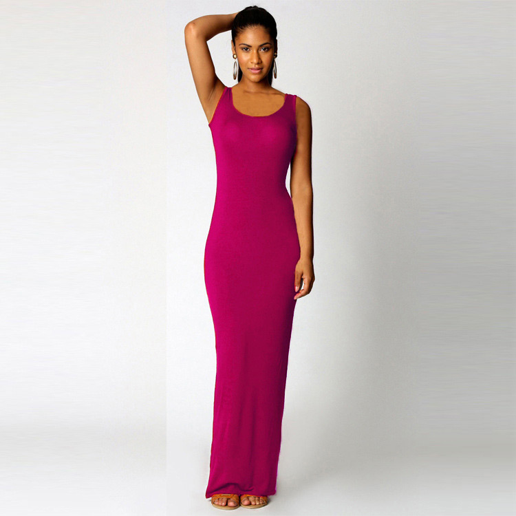 Elegant pink Round Neckline Design Pure Color Sleeveless Long Dress,Long Dress
