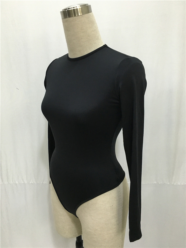 Sexy Black Long Sleeve Design Pure Color Round Neckline Slim Pantdress,Bodysuits